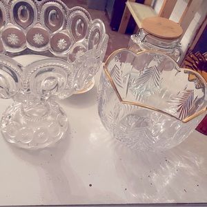 Crystal style fruit bowls. Excellent condition. One with gold trim.